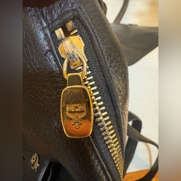 MCM Black Leather Backpack‎ with Gold Accents and draw strings 12"x11" - Picture 5 of 16
